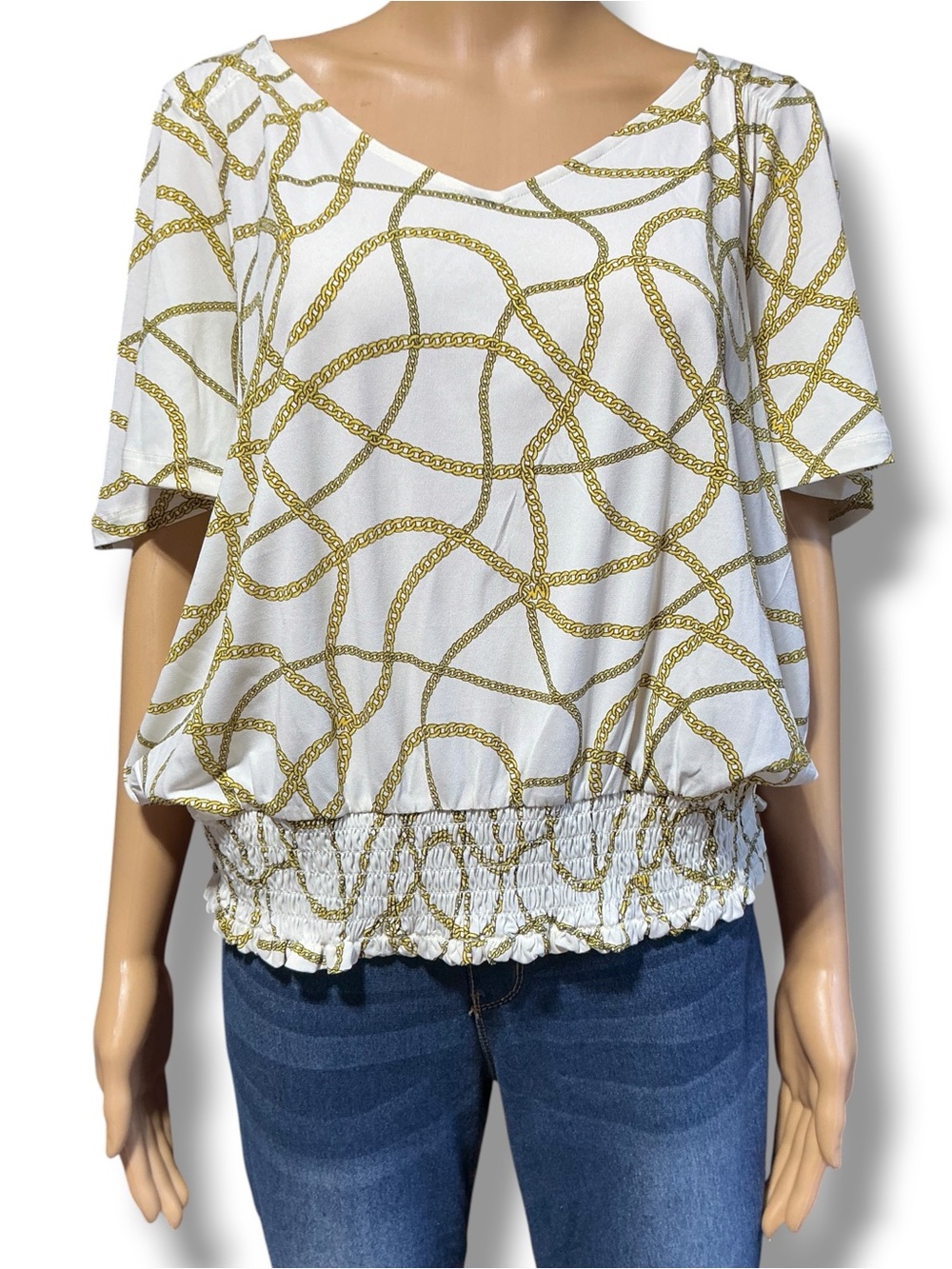 Michael Kors White Short-Sleeve V-Neck Blouson Top with Gold Chain Print
